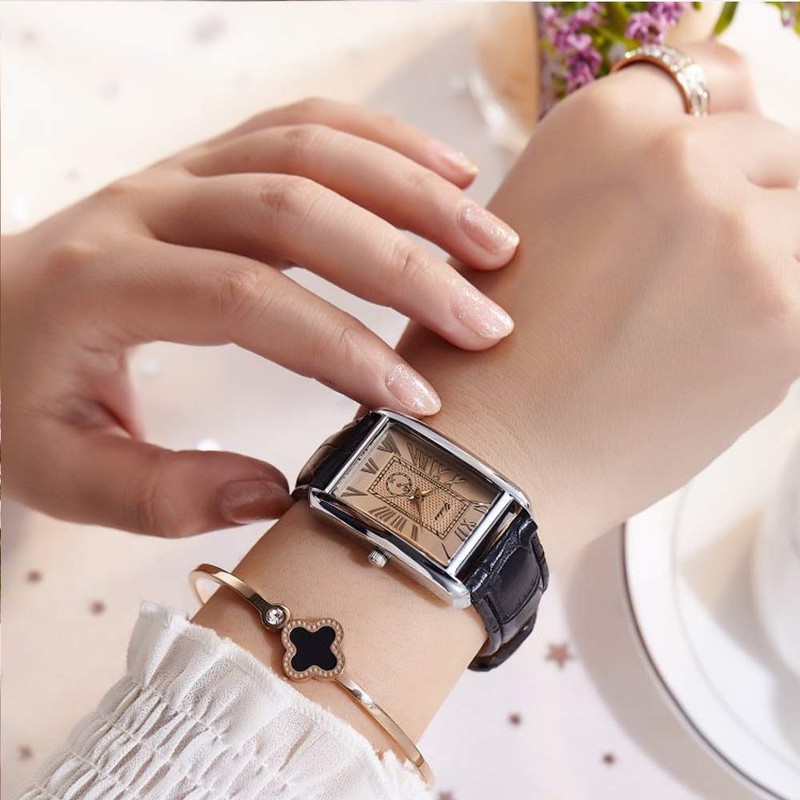 JewelryWe Fashion Black Leather Strap Roman Numeral Square Dial Women's