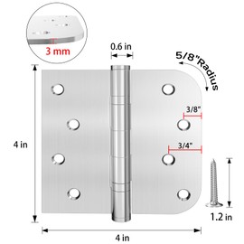 Hinge, 3 Pack Door Hinges Stainless Steel Hinges 4" Heavy Duty Ball Bearing Door Hinges with Square Rounded 5/8" Radius Corner Heavy Duty Hinges 3mm Thickness Interior Door Hinges