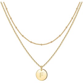 Minegreet Gold Initial Necklaces for Women,14K Gold Filled Hammered Gold Coin Necklaces for Women Initial Necklace Layered Initial Necklaces for Women Teen Girl Jewelry(F)