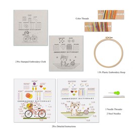 Ebherys Level 1 Hand Embroidery Kit, Basic Stitching for Beginners, 2 Sets in Pack, 1 Hoop, Embossed Cloth, Instructions Included, 2 Needles, 12 Embroidery Stitch Practice Kit (Bicycle and Cat)