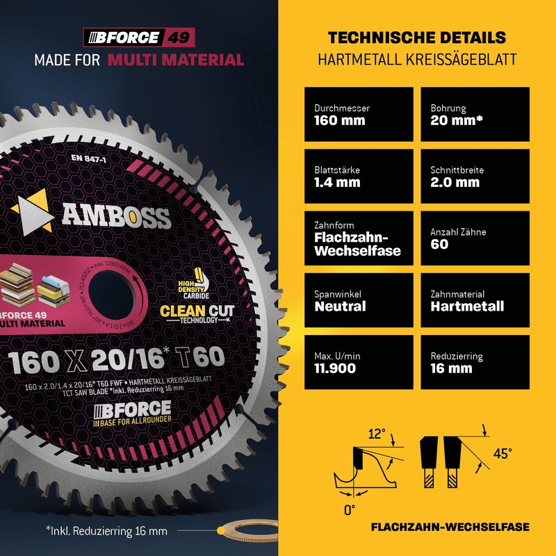 AMBOSS WERKZEUGE HM Circular Saw Blade, 160 x 20/16, Z60,