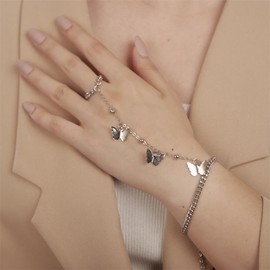 Aimimier Boho Silver Butterfly Link Hand Chain Bracelet with Finger Ring Vintage Metal Chain Butterfly Slave Bracelet Party Bracelet Accessories for Women (Silver)