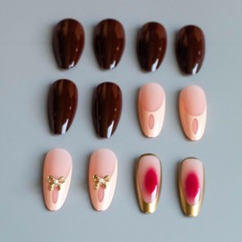 BABALAL Press on Nails Medium Almond Fake Nails Brown Red Glue on Nails French Tip Acrylic Nails Gold Chrome Nails with Bow Charm Y2k False Nails 24Pcs Stiletto Full Cover Nails for Women Girls