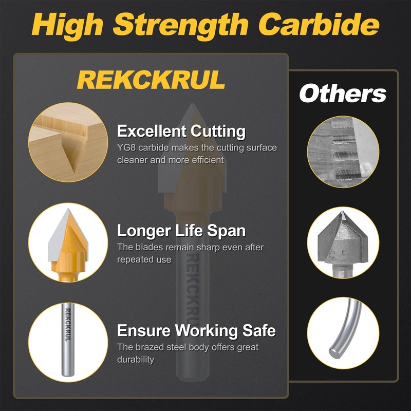 REKCKRUL 60-Degree V Groove Router Bit, 1/4" Shank, 1/2" Cutting