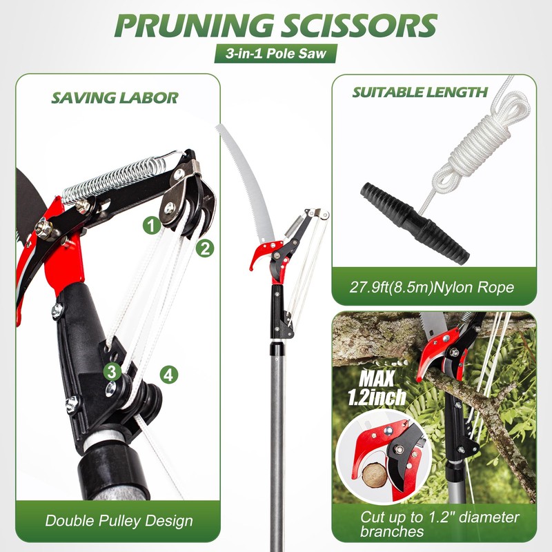 Walensee Pole Saws for Tree Trimming,7.2-27FT Extendable Tree Pruner,Manual Branch