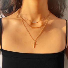 Gold Cross Necklaces for Women, Layered Gold Pearl Necklace Trendy Stack Cross Pendant Dainty 14k Gold Jewelry Plated Set Chain Charm Necklaces Gift for Women, Brass, No Gemstone