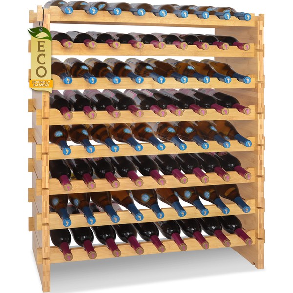 SereneLife Bamboo Stackable Wine Rack, 8-Tier 72 Bottle Capacity Wine Racks Free Standing Floor, No Tools Assembly, Modular Storage Display Shelf for Kitchen and Cellar 33.5" x 10" x 42"