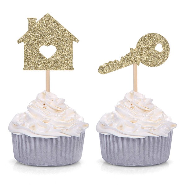 24 Home Sweet Home Cupcake Toppers New House Housewarming Party Decorations (Gold)