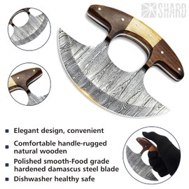 SHARDBLADE Alaskan Ulu Knife with Sheath, Handmade Forged 6" Damascus Steel Pizza Cutter Rocker Knife with Non-Slip Wooden Handle, Premium Food Salad Chopper Knife, Traditional Inuit Eskimo Ulu Copper