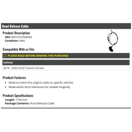 Marketplace Auto Parts Hood Release Cable - Compatible with 2014-2022 Ford Transit Connect