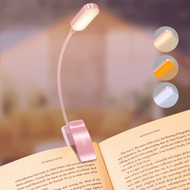 Gritin 16 LED Rechargeable Book Light for Reading in Bed - Eye Caring 3 Color Temperatures, Stepless Dimming Brightness,80Hrs Runtime,Lightweight Flexible Clip On Book Light for Book Lovers-Pink