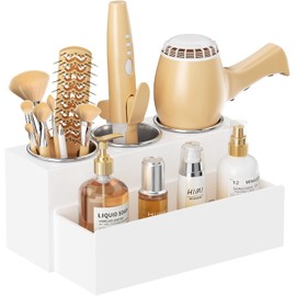 HIIMIEI Organizador de herramientas para el cabello, soporte acrílico para secador de pelo, soporte de almacenamiento para secador en encimera de baño, organizador de tocador para accesorios