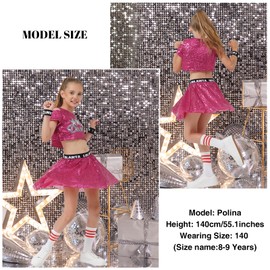 LOLANTA Girls Hip Hop Dance Costumes Kids Sequin Pink Skirt Sequin Top Disco Dress with Inner Shorts (RosePink, 8-9 Years)