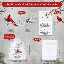 Inbagi Memorial Cardinal Sign Pins Set Include Bird Funeral Pocket Token Red Cardinal Pin Organza Bags and Remember Me Poem Cards Charms Funeral Favors for Guests Gift (60 Sets)