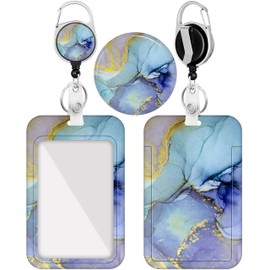 Plifal Badge Holder with Retractable Reel, Marble ID Name Tag Work Badge Clip Cyan Heavy Duty Vertical Card Protector Cover Case for Work Office Nurse Medical Student Teacher Women