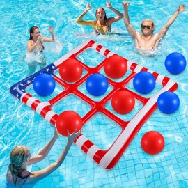 Hollowfly 4th of July Pool Toy Set Tic-tac-Toe Inflatable Pool Floats, 250th Anniversary Flag Swimming Float Toy with 10 Balls for Adults Independence Day Summer Beach Memorial Veterans Party