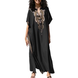 Women V Neck Embroidery Loose Kaftan Robes Side Split Casual Beach Cover Up Long Bathing Suit Maxi Dress Black