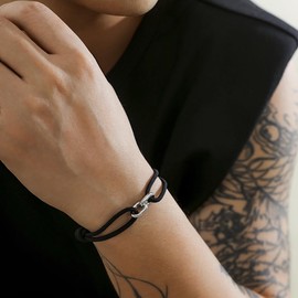 Pulsera de Cuerda Negra Ajustable con Dije Tipo Cadena - Pulsera para Hombre y Mujer - Brazalete Minimalista en Acero Inoxidable (Oro/Plata) - Estilo Urbano y Elegante (Plata)