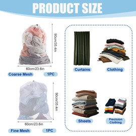 2 Pcs Mesh Laundry Bag 60×90cm(24x35in) Large Drawstring Washing Machine Bags, Heavy Duty Reusable Net Wash Bag for Travel Clog Bags Bra Socks Delicates Baby Clothes, Fine and Coarse Mesh, White