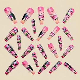 Press on Nails Long Length Square Fake Nails Pink French Gradient Coffin Press On False Nails with Butterfly and Flowers Designs Artificial Acrylic Nails Stick on Nails for Women 24Pcs