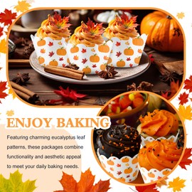 Domensi 100 Pcs Fall Pumpkin Maple Leaf Cupcake Wrappers Rustic Cupcake Liners Thanksgiving Baking Cups Baking Liners for Autumn Wedding Bridal Baby Shower Birthday Party Supplies Dessert Decoration