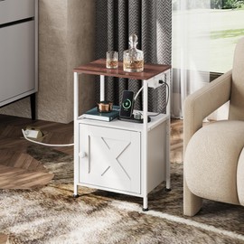 WLIVE End Table with Charging Station, Farmhouse Nightstand with 2 Tiers Storage Space and Cabinet, Sofa Side Tables for Living Room, Bedroom, Office, Small Spaces, White