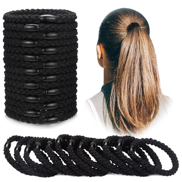 12 Braided Hair Bobbles Elastic Bands Cotton Braid Bands Girls Ponytail Rubber Without Metal Small Hair Bands for Thick Heavy and Curly Hair (Black)