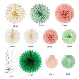 Sage-Olive Green Pink-Beige Boho Party-Decorations - 33pcs Birthday Streamers Tassel Garland,Banner Tissue Pom Poms,Paper Lantern Fans,Rustic Neutral Wedding Baby Bridal Shower Engagement Decor Hugtmr