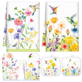 Sunnychicc Spring Hummingbird Oven Mitts and Pot Holders Kitchen Dish Towels Set Birds Flower Spring Kitchen Towels and Dishcloths for Baking Cooking Women BBQ Grilling Hand Dish Gifts
