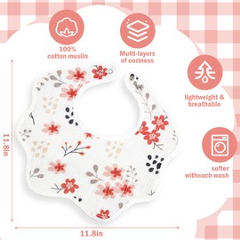 Yearntown 6 Pack Baby Muslin Bibs,Baby Bibs for Girls Boys Adjustable 100% Cotton Soft for Drooling and Teething Organic Solid Colors Lap-Shoulder(Scalloped Flower)