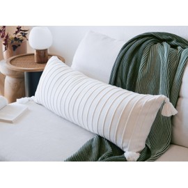 Lumi Living 100% Soft Cotton Raised Stripes Textured Rib Knit Lumbar Throw Pillow Cover with Tassels 14x36 (Soft White)