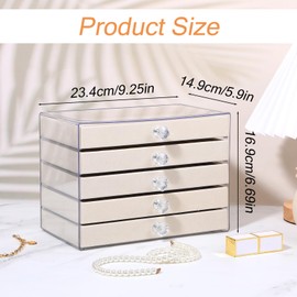HOFURME 5-Drawer Necklace Organizer Box with Clear Acrylic & Velvet Lining, Beige Necklace Storage Box for Chains, Pendants, Stackable Dustproof Jewelry Holder(9.25 x 5.9 x 6.69 in)