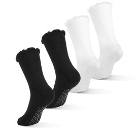 Fiohiros Pilates Yoga Socks with Grips for Women,Elegant Ruffle Frilly Pilates Socks,Non Slip Socks for Sport Ballet Dance (AU, Alpha, One Size, Regular, Regular, 4, 2 Black 2 White)