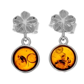 Genuine Cognac Baltic Amber set in 925 Sterling Silver Flower Studs Dangling Earrings - 8506C