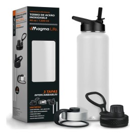 Magma Life Termo para Café y Agua de Acero Inoxidable 40 Oz (1200 ml): Contiene 3 Tapas para Diferentes tipos de Bebidas, Ideal para Mantener la Temperatura Deseada (Blanco)