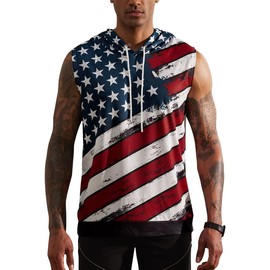 Men Fourth of July Tank Top Independence Day Sleeveless Hooded Tank Designer Stripes and Stars Graphic Top L