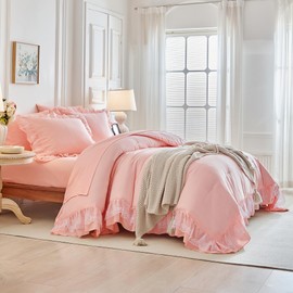 Joyreap Lace Ruffle Bed in a Bag Pink, Queen Size Microfiber 7pcs Ruffled Comforter Sheet Set for Girls, Princess Style Vintage Boho Chic Bedding Comforter Set for All Season