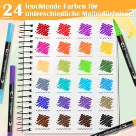 Dual Brush Pen Set, Pens Felt Pens Children 24 Colours Brush Pens Felt Pens Thick and Thin Colouring Pens Double Fibre Tip Pens for Watercolour Marker 0.4 mm Fineliner and 1-2 mm Fibre Tip Pens