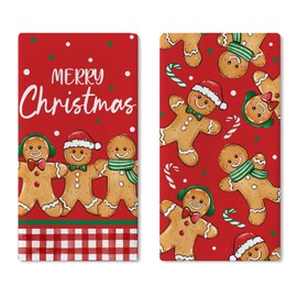 Croar Merry Christmas Gingerbread Man Red Kitchen Dish Towels Set of 2, Xmas Candy Cane Buffalo Plaid Drying Hand Towel Baking Cooking Cloth, Winter Holiday Bathroom Home Decoration 18 x 26 Inches