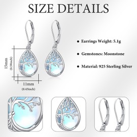 Aniu Tree of Life Earrings 925 Sterling Silver Tree of Life Teardrop Drop Dangle Earrings Tree Moonstone Jewelry Gift for Women Girls Birthday Mothers Day Jewelry
