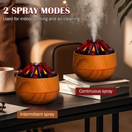 Volcano Diffuser - Flame Essential Oil Diffuser & Bedroom Humidifier with LED Cold Flame Light - Charcoal Fire Humidifier Perfect for Study, Living Room & Bedroom 【Light Wood】