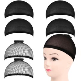 Nylon-Perückenkappe, 6-teiliges Set, Haarnetz für Perückenmütze, Perückenmütze, Untermütze, einziehbares, elastisches, atmungsaktives Perückennetz, 2 x Schwarze Haarnetze und 4 x Perückenkappen