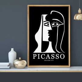 MUDECOR Framed Canvas Print Wall Art Picasso Black & White Geometric Kiss Portrait Shapes Abstract Illustrations Modern Art Minimal Dramatic Dark for Living Room, Bedroom, Office - 24"x36" Natural