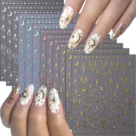 12 Sheets Star Nail Art Stickers 3D Self Adhesive Laser Gold Silver Gold Star Moon Nail Decals for Nail Art Design Holographic Nail Art Supplies Manicure Decorations for Women Nails Accessories