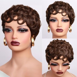 Brown Short Curly Pixie Cut Wigs Remy Human Hair for Women, Chocolate Brown Colored Short Curly Deep Wave Human Hair Wig Fashion Wavy Layered Pixie Cut Wig Wear and Go Glueless Cosplay Wigs With Bang