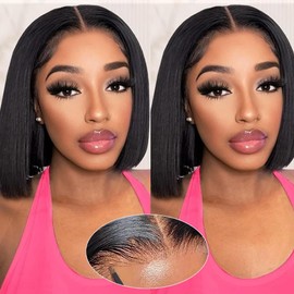 Wear and Go Glueless Bob Wig Human Hair Plucked Pre Cut 180% Density 5x5 HD Lace Closure Human Hair Bob Wigs for Black Women 10 Inch Short Straight Bob Wigs No Glue