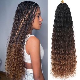 LIYATE Goddess Crochet Braids 14 Inch 7 Packs Boho Box Braids Crochet Hair with Curly Ends Pre Looped & Pre Twisted Ombre Brown Crochet Braiding Hair for Women, 1B/4/30