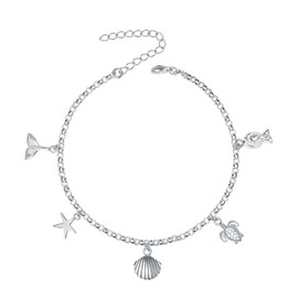 LeCalla 925 Sterling Silver Ocean Beach Anklets for Women | Starfish Seashell Conch Turtle Charm Ankle Bracelets | Women's Foot Jewelry 10.5 Inches