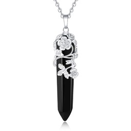 XIANNVXI Mothers Day Gifts Natural Black Agate Crystal Point Pendant Necklace Reiki Healing Crystals Stone Necklaces Gemstone Quartz Flower Wrapped Jewelry for Women