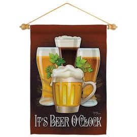 Breeze Decor Beer It's O'clock Garden Flag Set Wood Dowel Beverages Happy Hour Game Pong Party Ale Lager Craft Small Decorative Gift Yard House Banner Double-Sided Made in USA 13 X 18.5